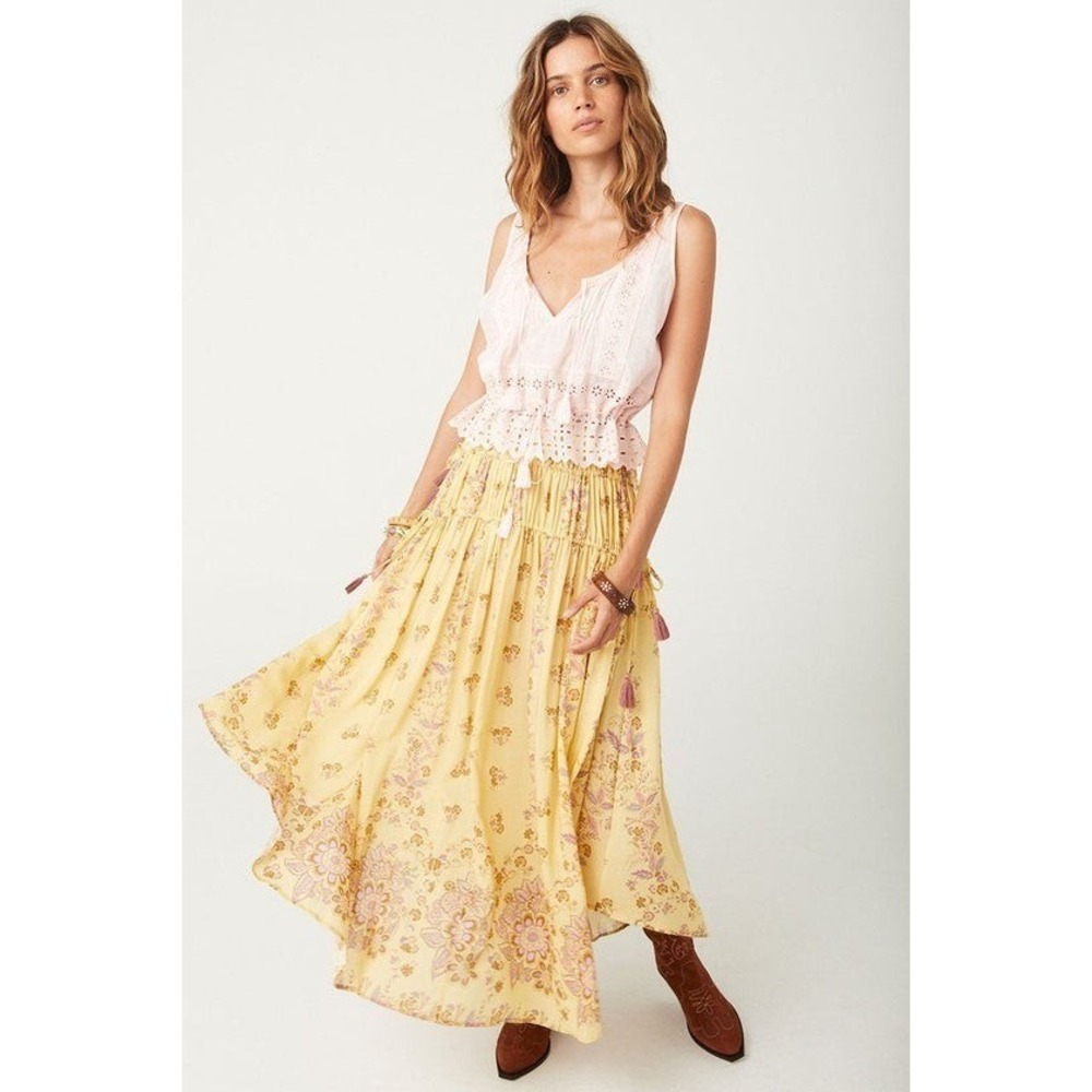 Spell Rebel Spirit Tassel Maxi Skirt XL Daffodil Yellow Floral Boho Flowy NWT
